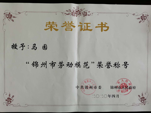 锦州金龙迎宾有限公司国内销售部总监马园获锦州市劳动圭表